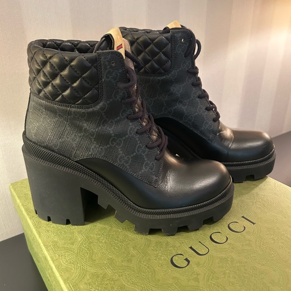 Gucci Apollo GG Supreme Nappa Samoa Black Quilted Heeled Boots - Picture 1 of 8